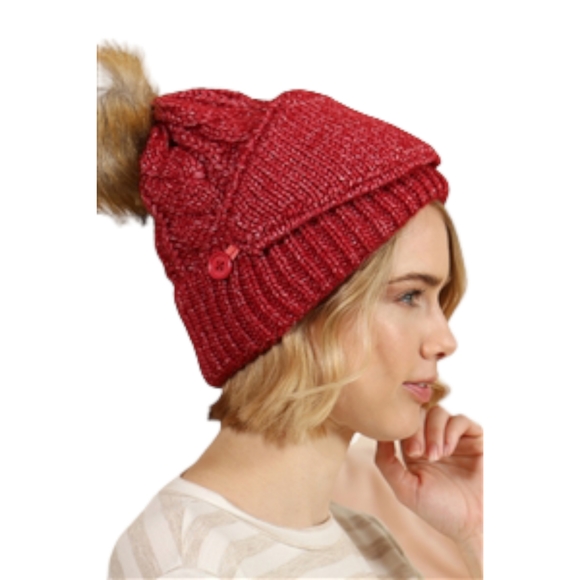 Mustard cable knit beanie with fur pom pom and matching face mask. - Picture 3 of 3